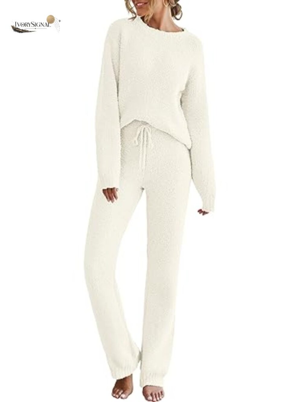 Women's Fuzzy Lounge Set 2 Piece Cozy Fleece Pajamas Crew Neck Long Sleeve